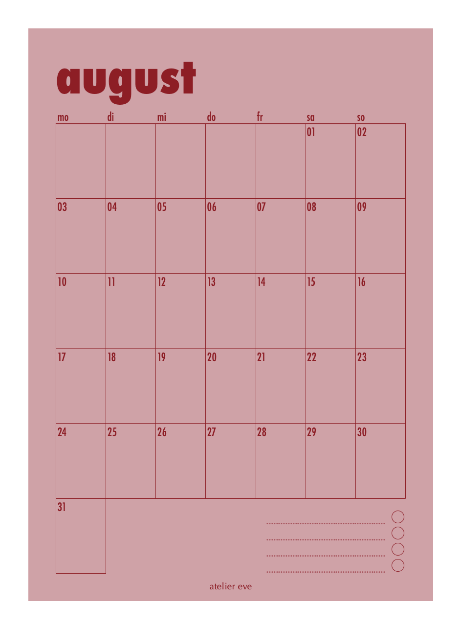Poster Kalender August Rosa