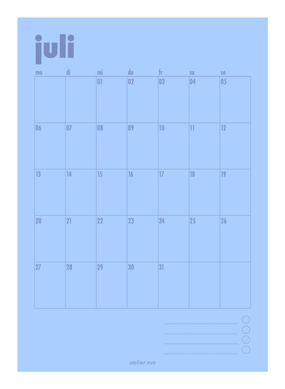 Poster Kalender Juli Blau