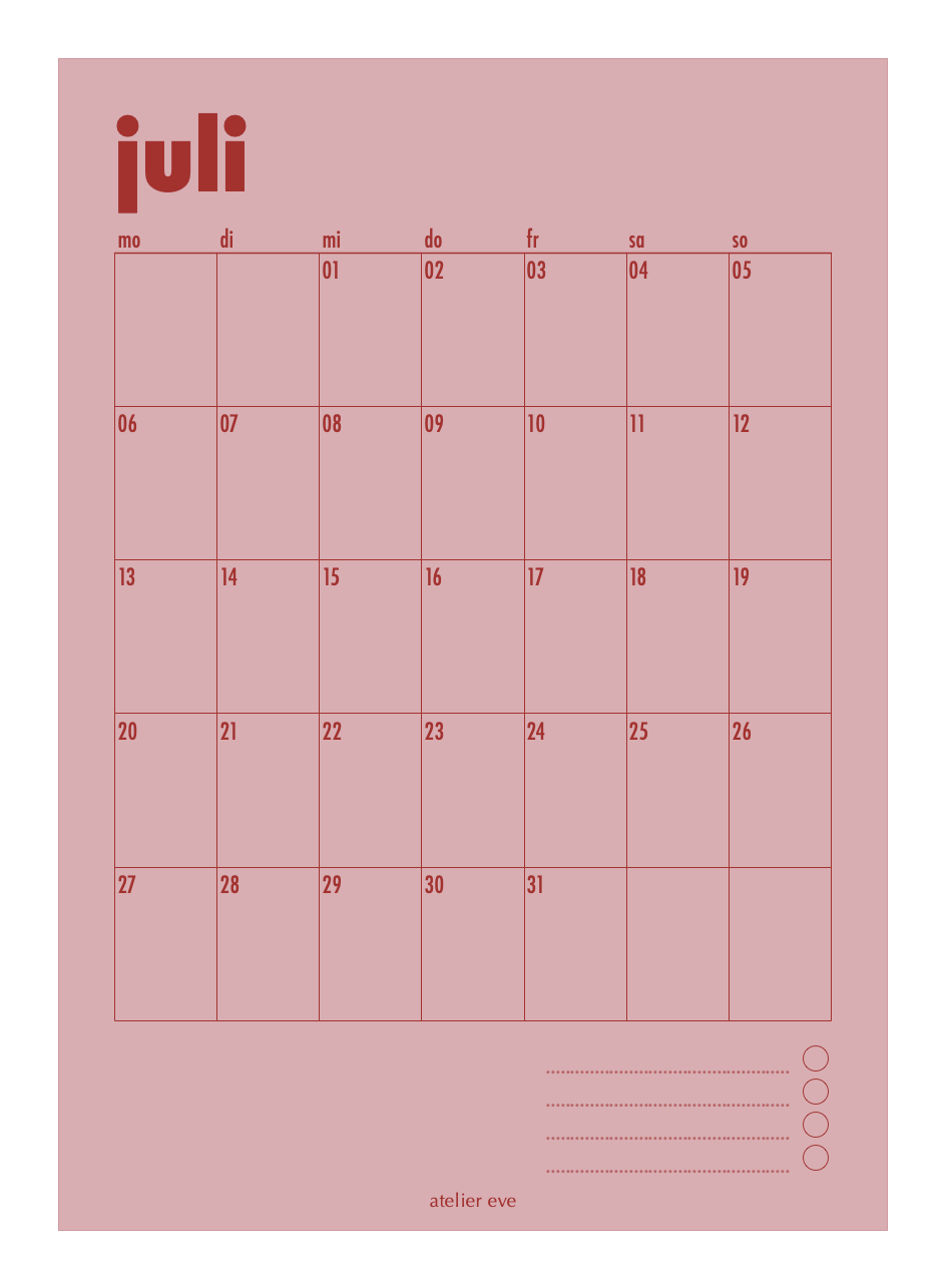 Poster Kalender Juli Rosa