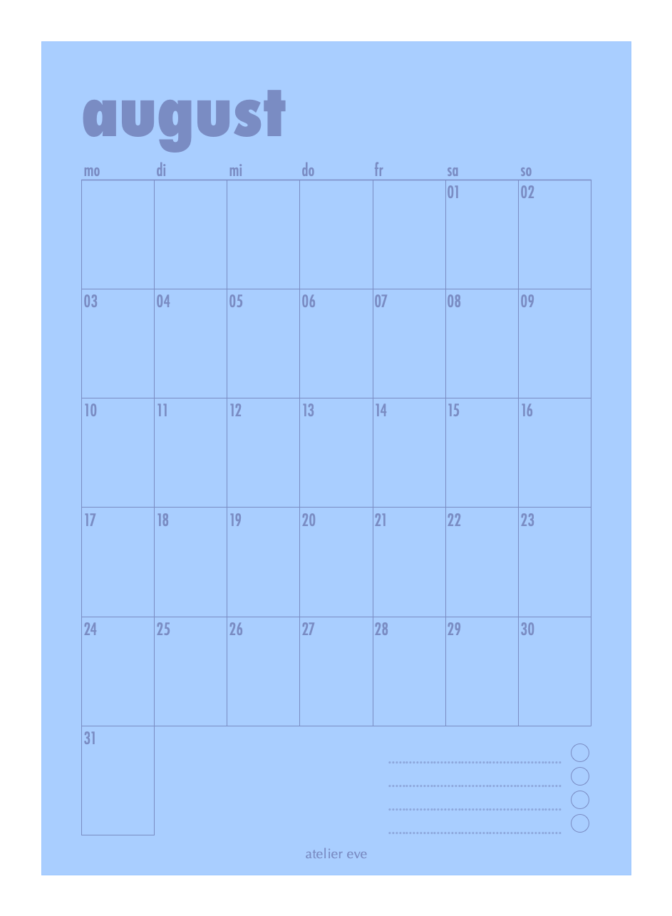 Poster Kalender August Blau