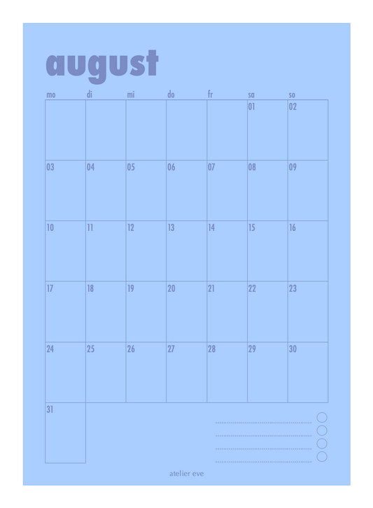 Poster Kalender August Blau