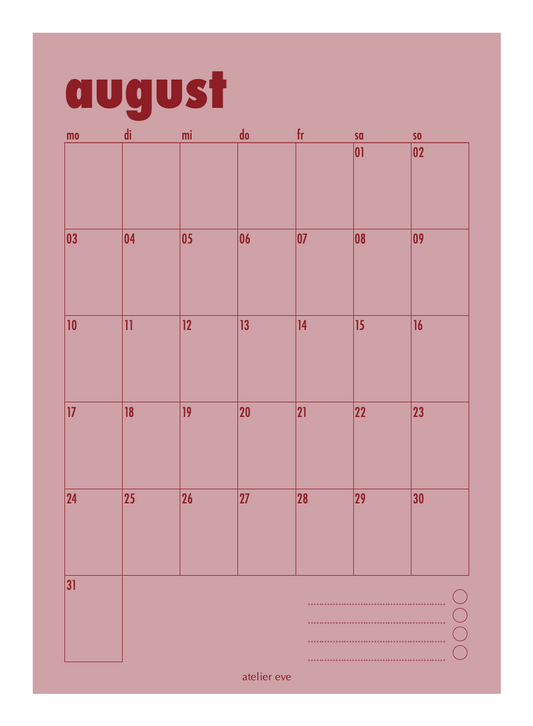 Poster Kalender August Rosa