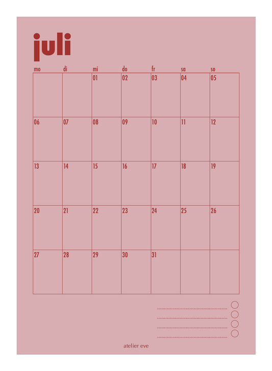 Poster Kalender Juli Rosa