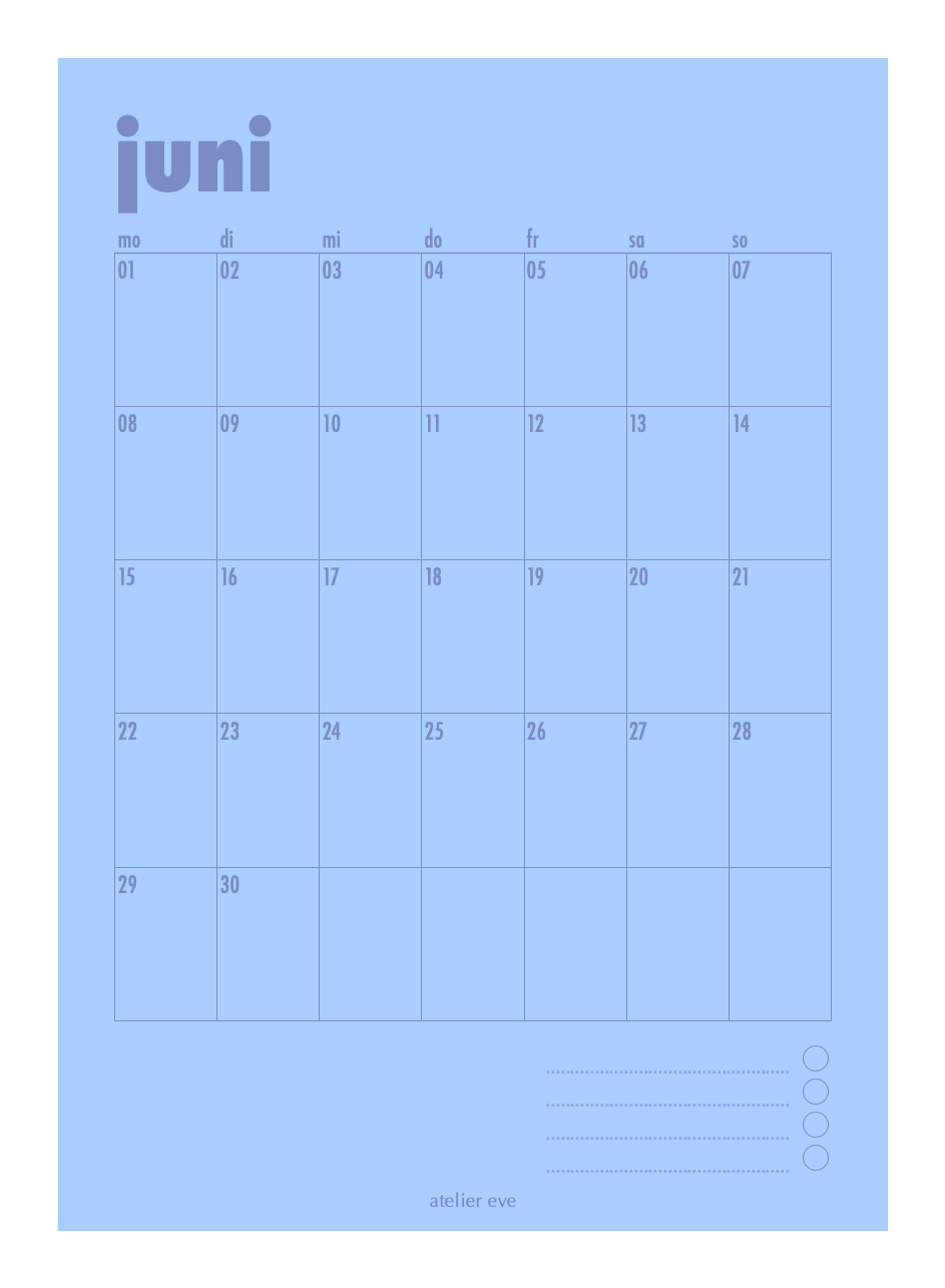 Poster Kalender Juni Blau