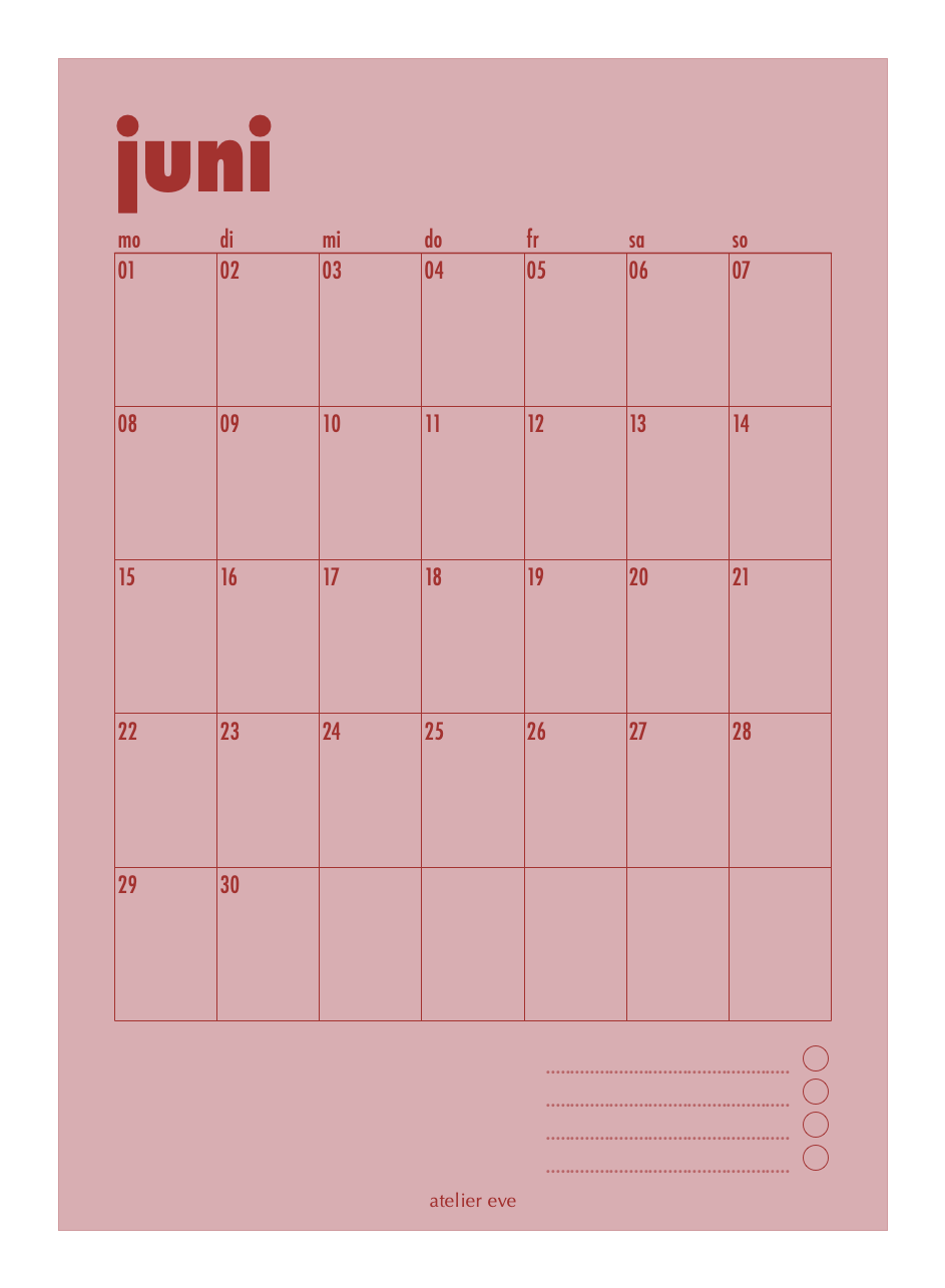 Poster Kalender Juni Rosa