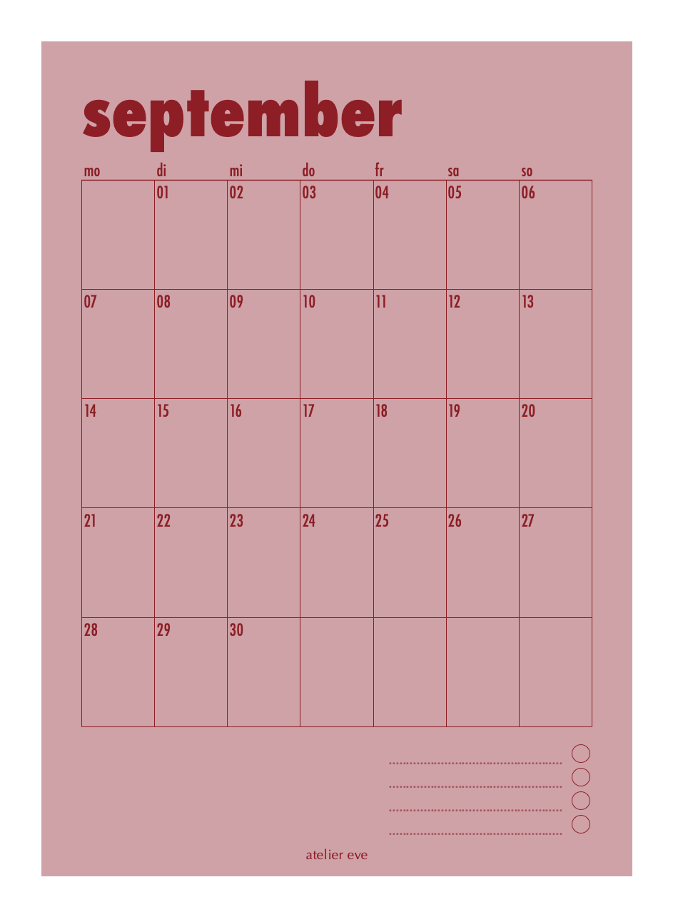 Poster Kalender September Rosa
